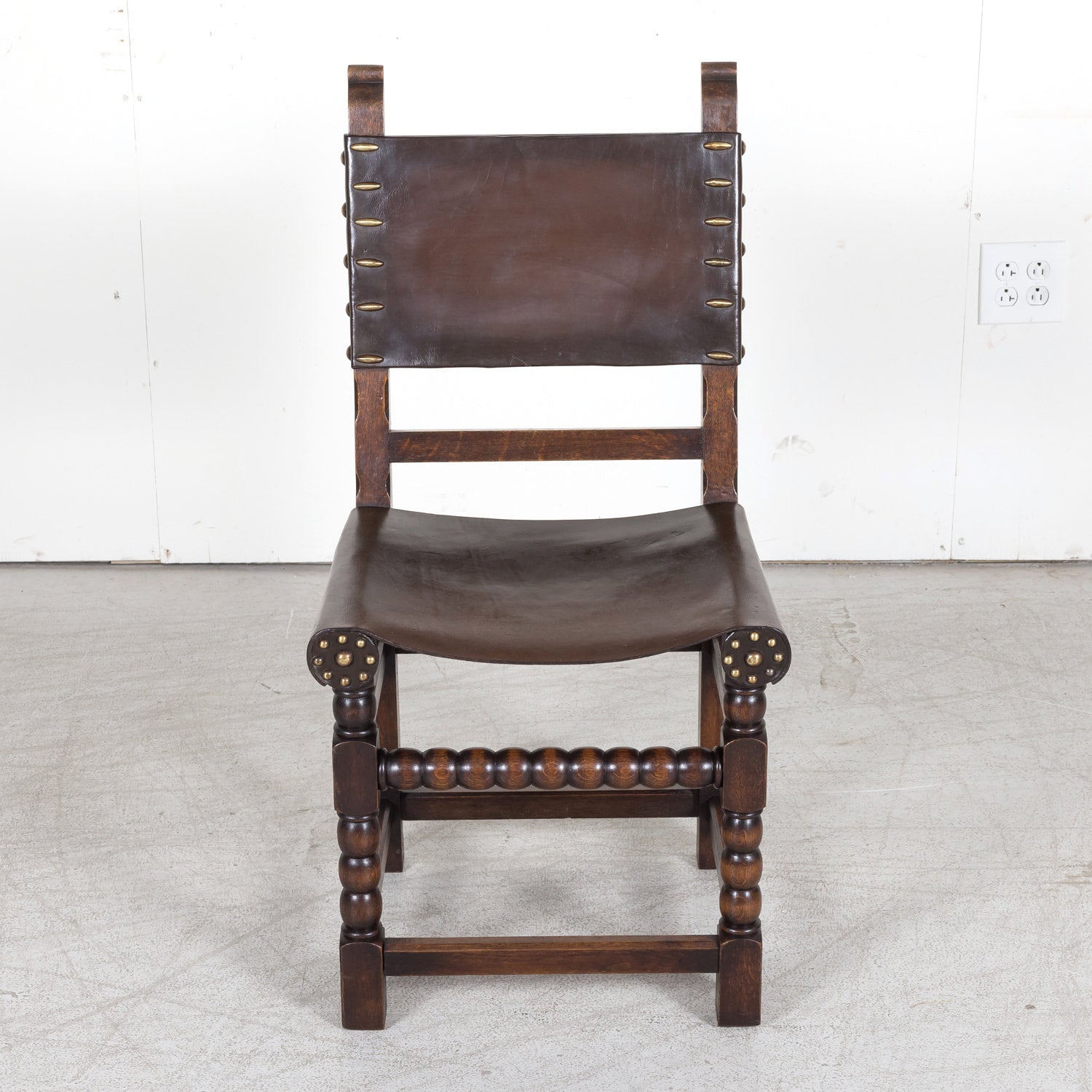 Set of 6 Spanish Renaissance Style Leather and Oak Side Chairs with Brass Nailhead Trim