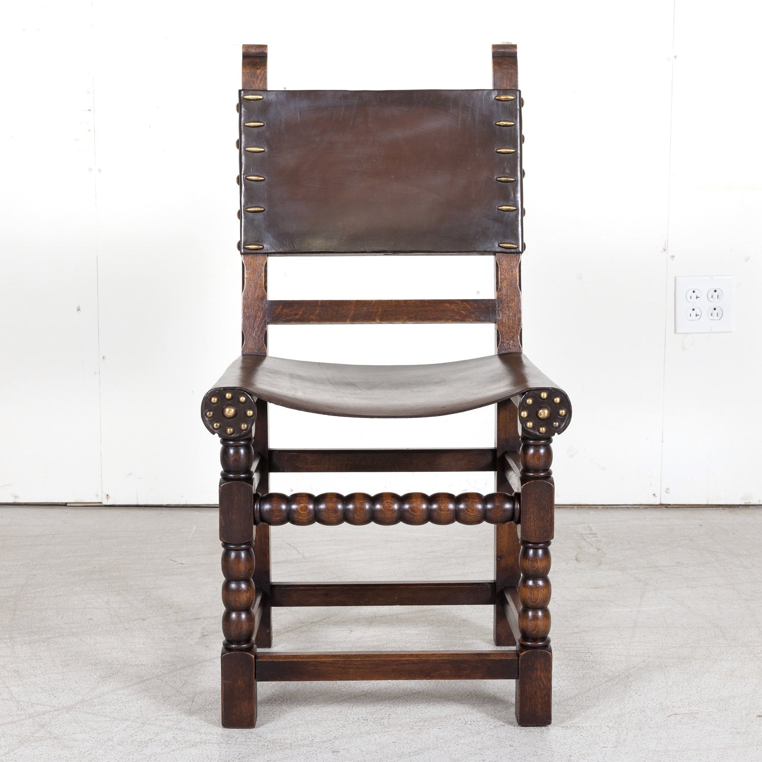 Set of 6 Spanish Renaissance Style Leather and Oak Side Chairs with Brass Nailhead Trim