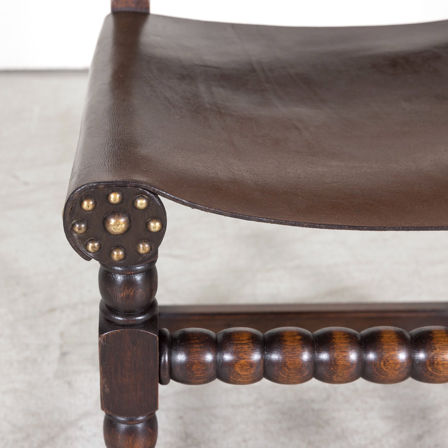 Set of 6 Spanish Renaissance Style Leather and Oak Side Chairs with Brass Nailhead Trim