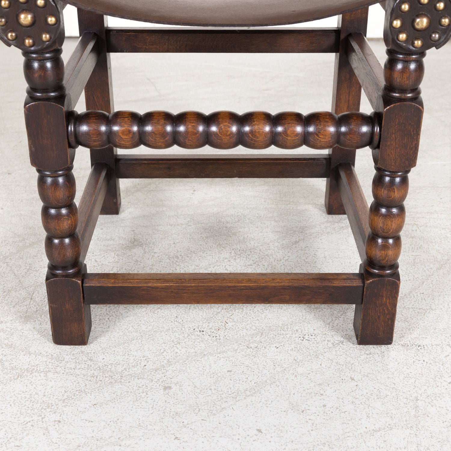 Set of 6 Spanish Renaissance Style Leather and Oak Side Chairs with Brass Nailhead Trim