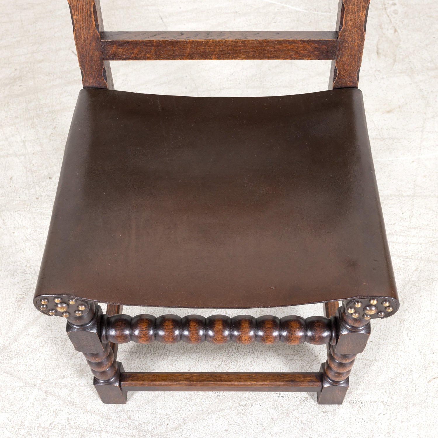Set of 6 Spanish Renaissance Style Leather and Oak Side Chairs with Brass Nailhead Trim