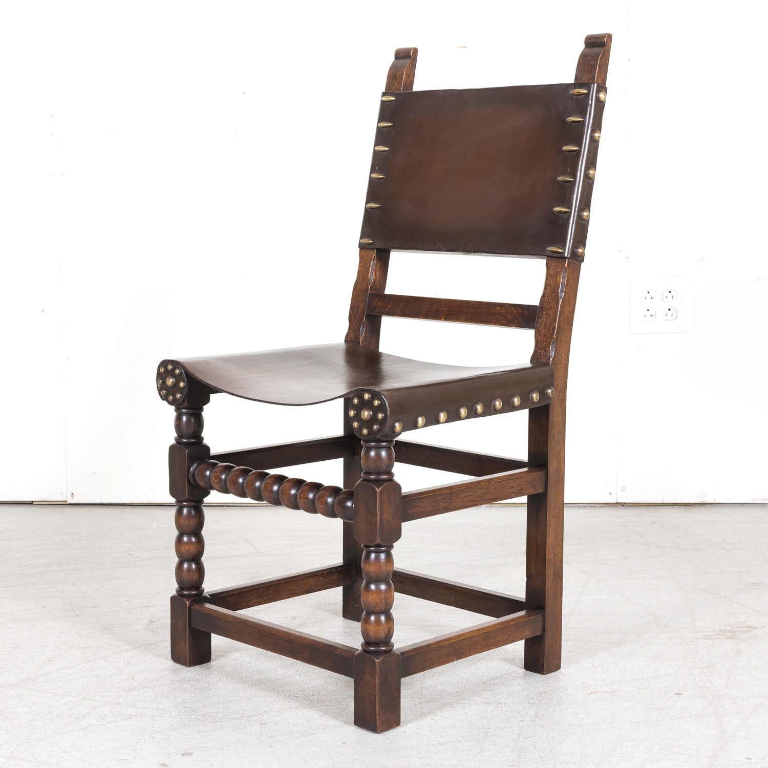 Set of 6 Spanish Renaissance Style Leather and Oak Side Chairs with Brass Nailhead Trim