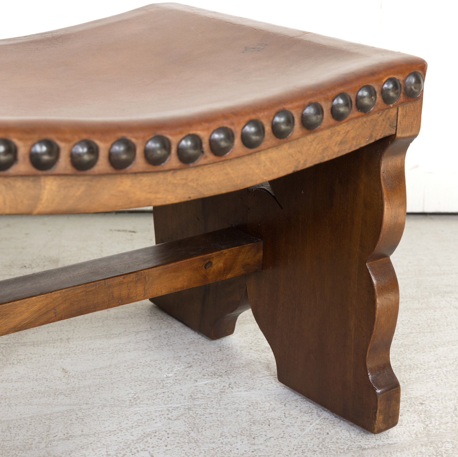 Pair of 19th Century Spanish Carved Walnut and Leather Footstools