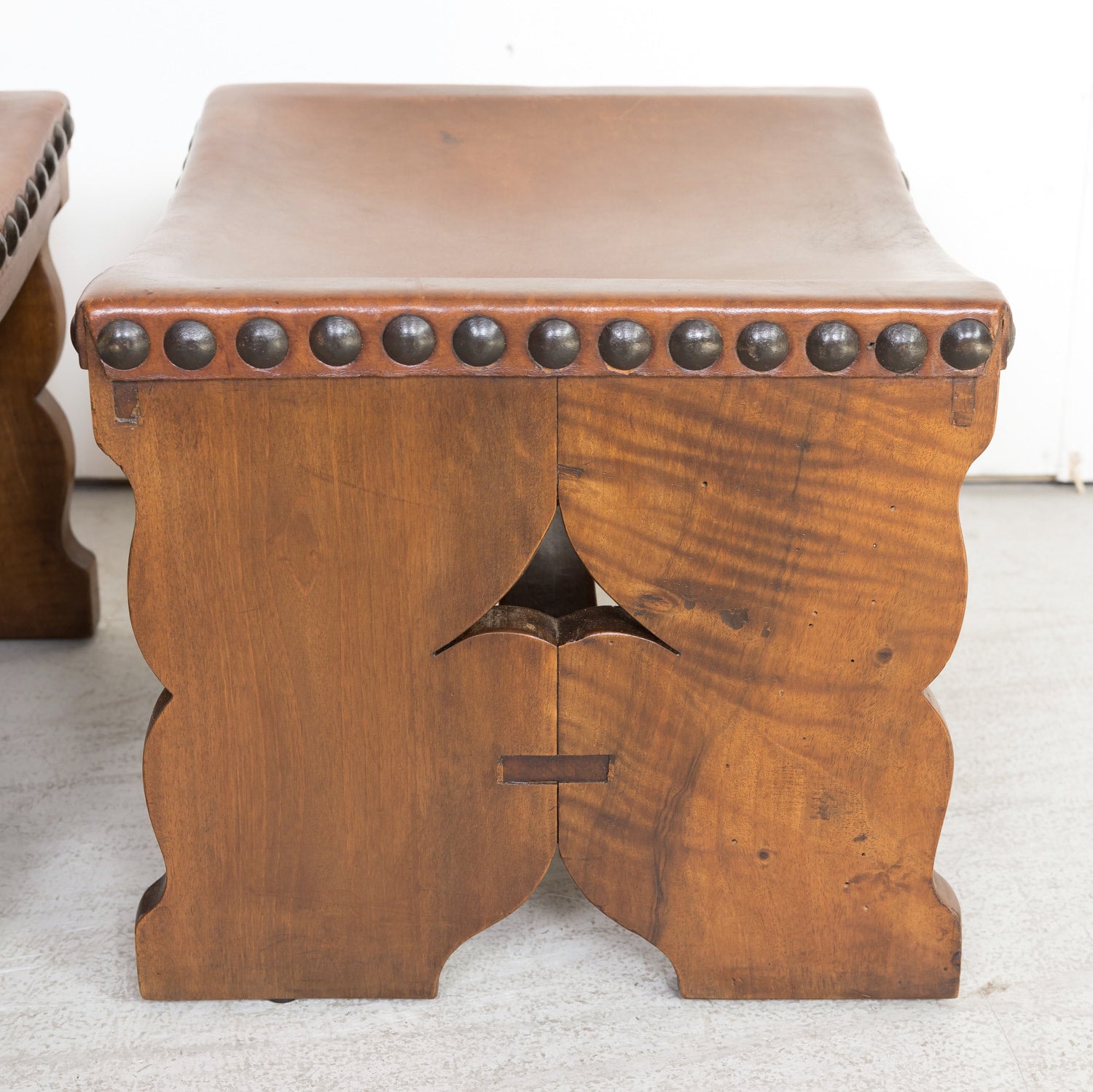 Pair of 19th Century Spanish Carved Walnut and Leather Footstools