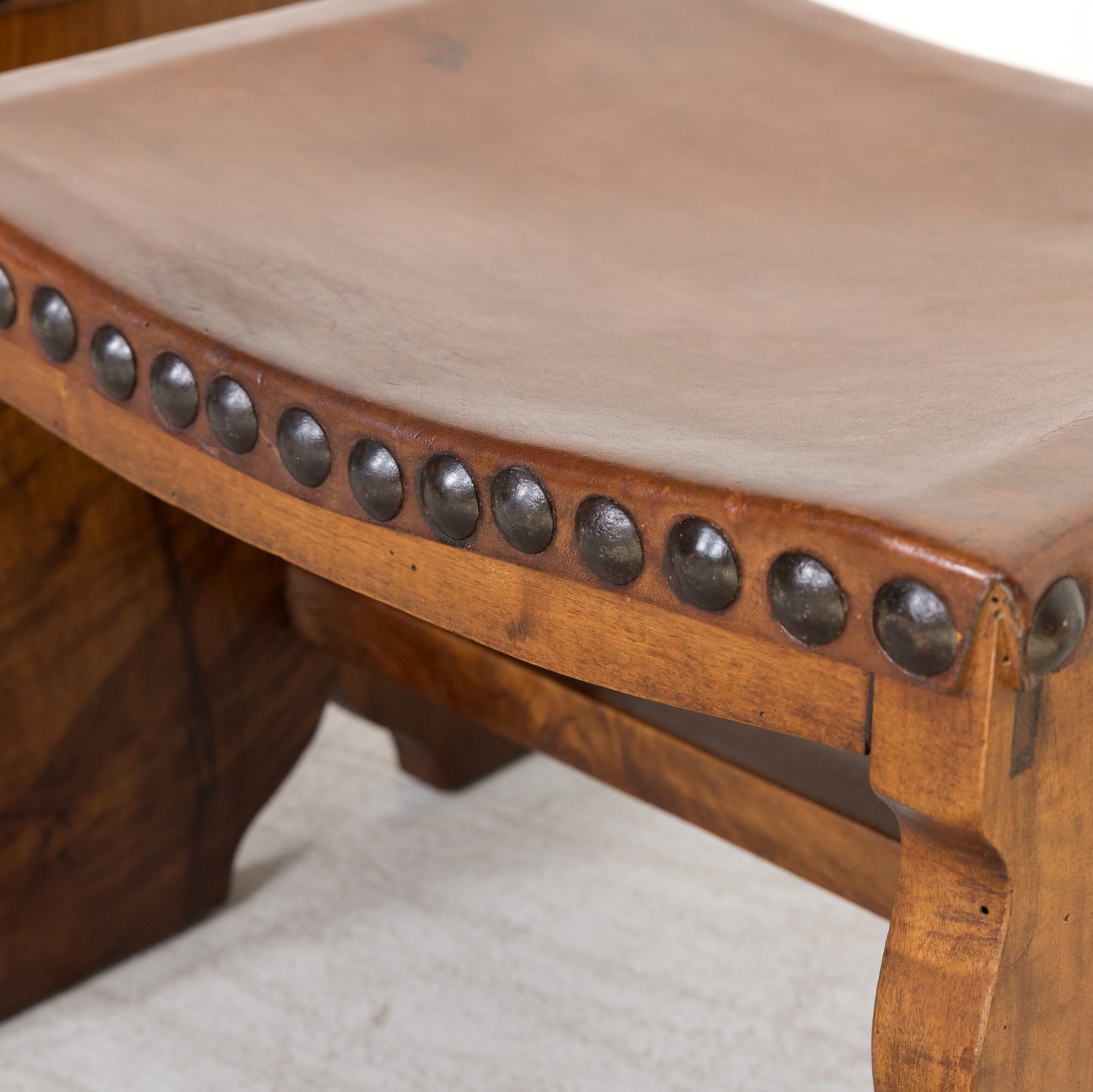 Pair of 19th Century Spanish Carved Walnut and Leather Footstools