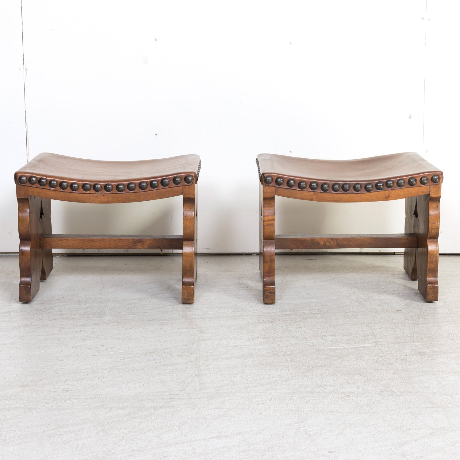 Pair of 19th Century Spanish Carved Walnut and Leather Footstools