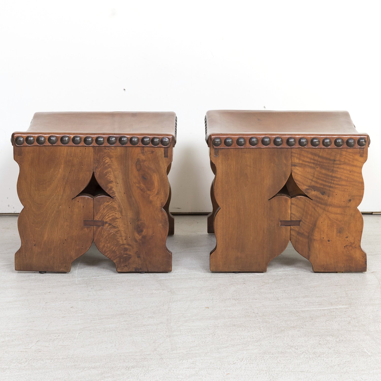 Pair of 19th Century Spanish Carved Walnut and Leather Footstools