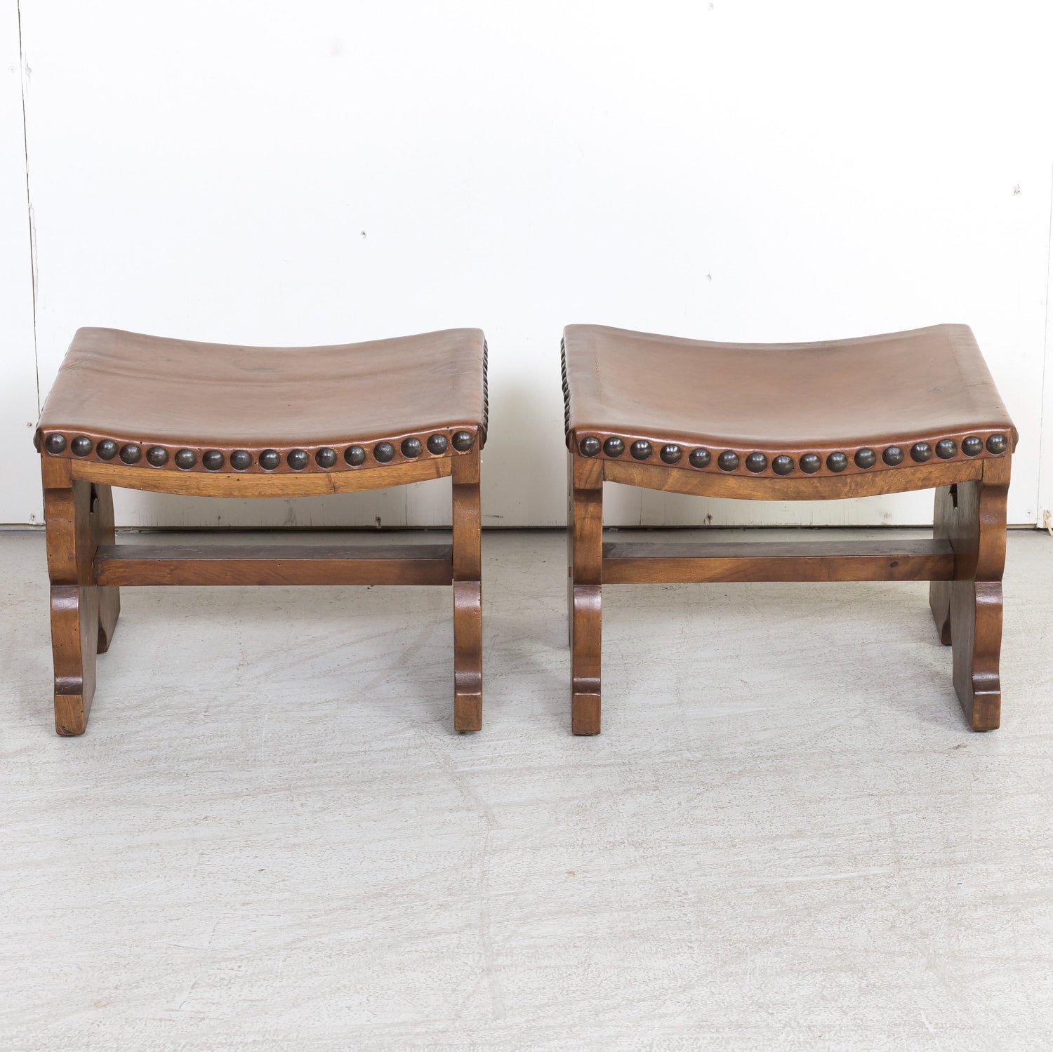 Pair of 19th Century Spanish Carved Walnut and Leather Footstools