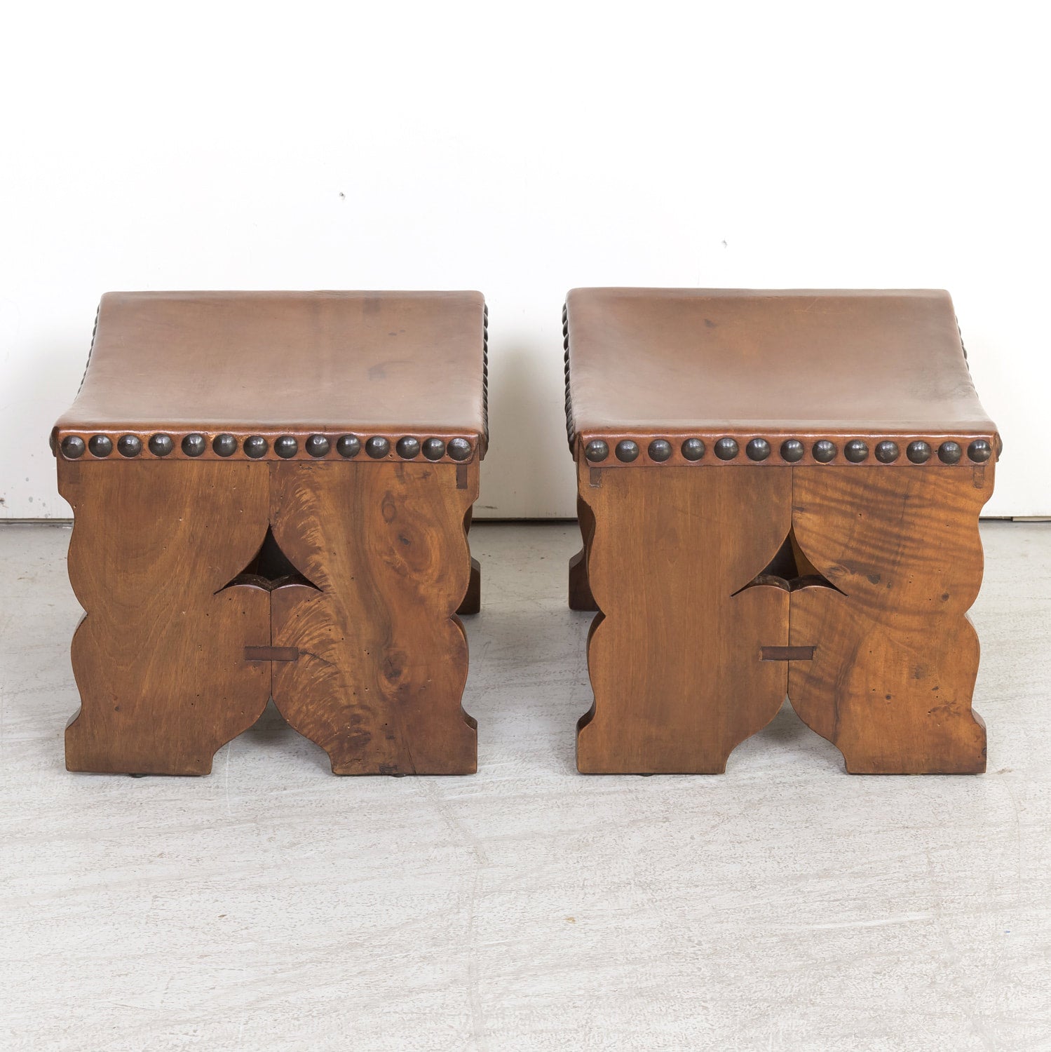 Pair of 19th Century Spanish Carved Walnut and Leather Footstools