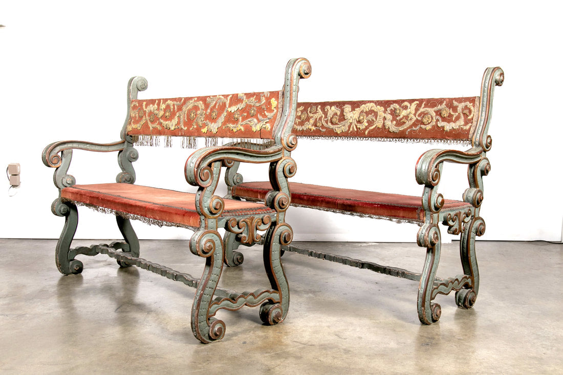 Pair of 18th Century Carved and Painted Baroque Tuscan Arm Benches  