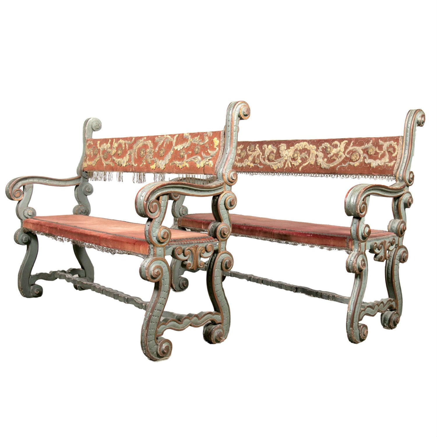 Pair of 18th Century Carved and Painted Baroque Tuscan Arm Benches  