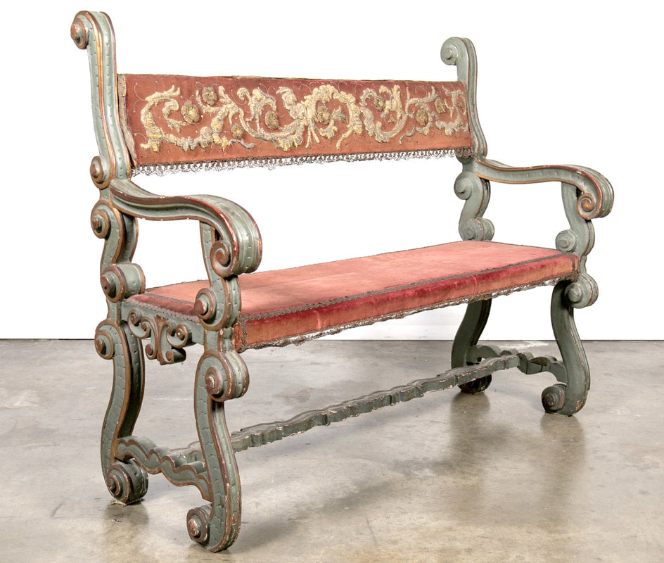 Pair of 18th Century Carved and Painted Baroque Tuscan Arm Benches  