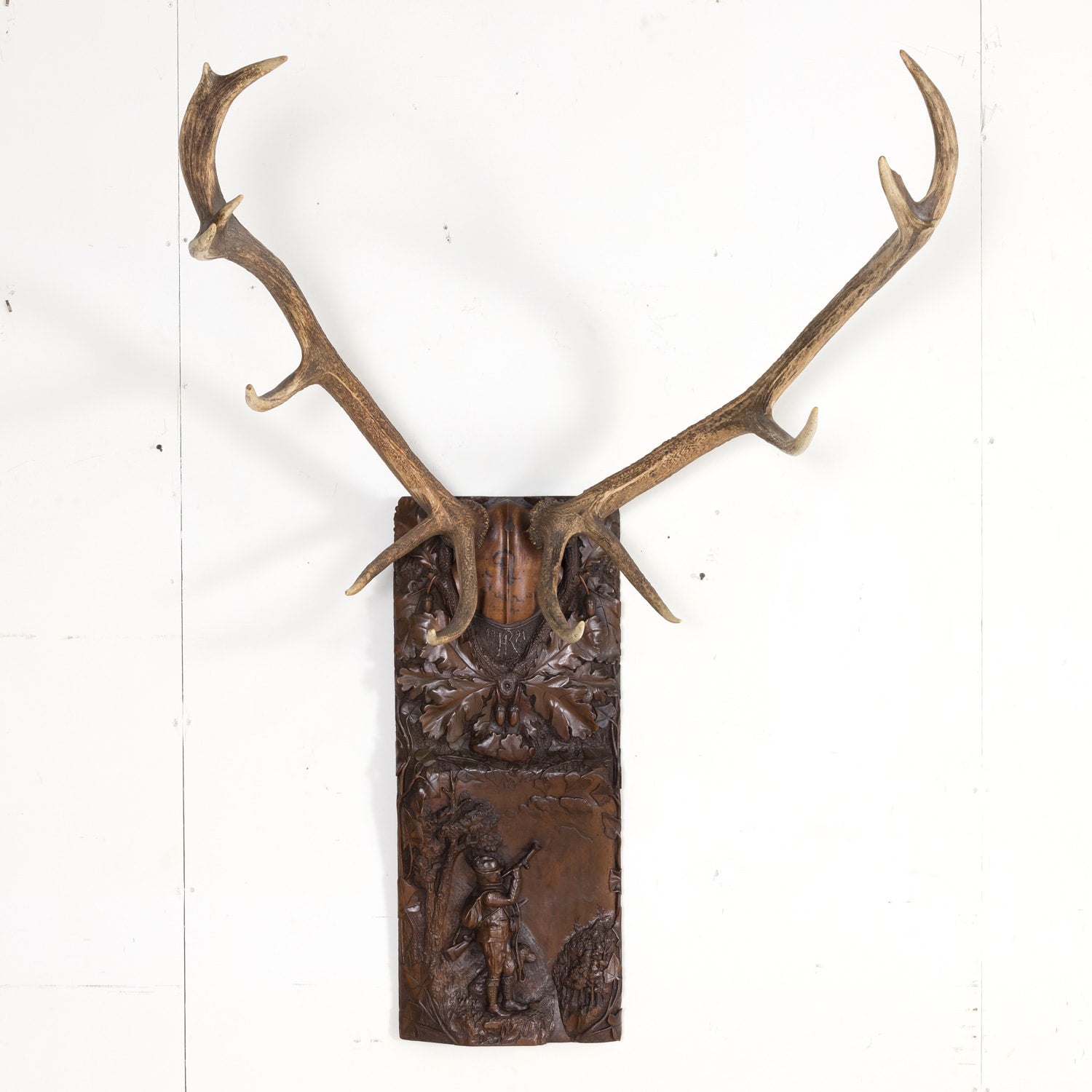 Hand Carved Swiss Black Forest Trophy Plaque with Antlers