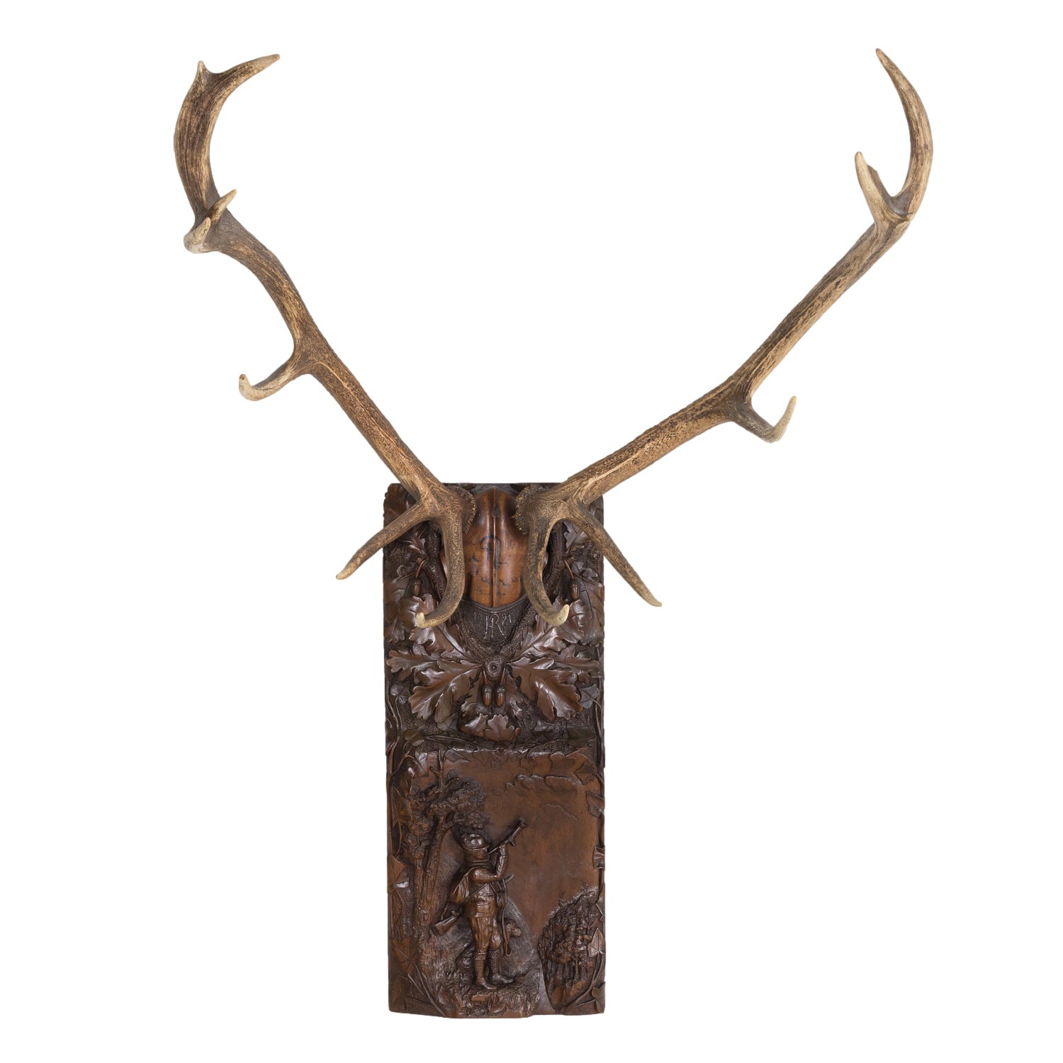 Hand Carved Swiss Black Forest Trophy Plaque with Antlers