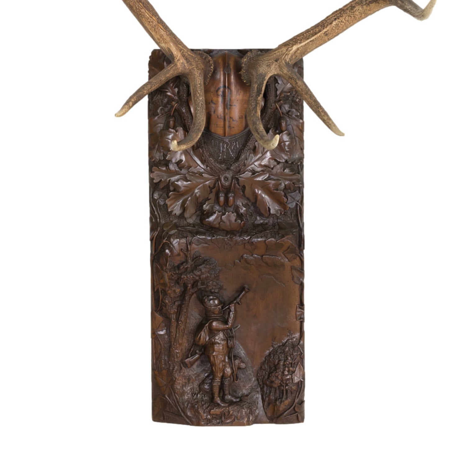 Hand Carved Swiss Black Forest Trophy Plaque with Antlers