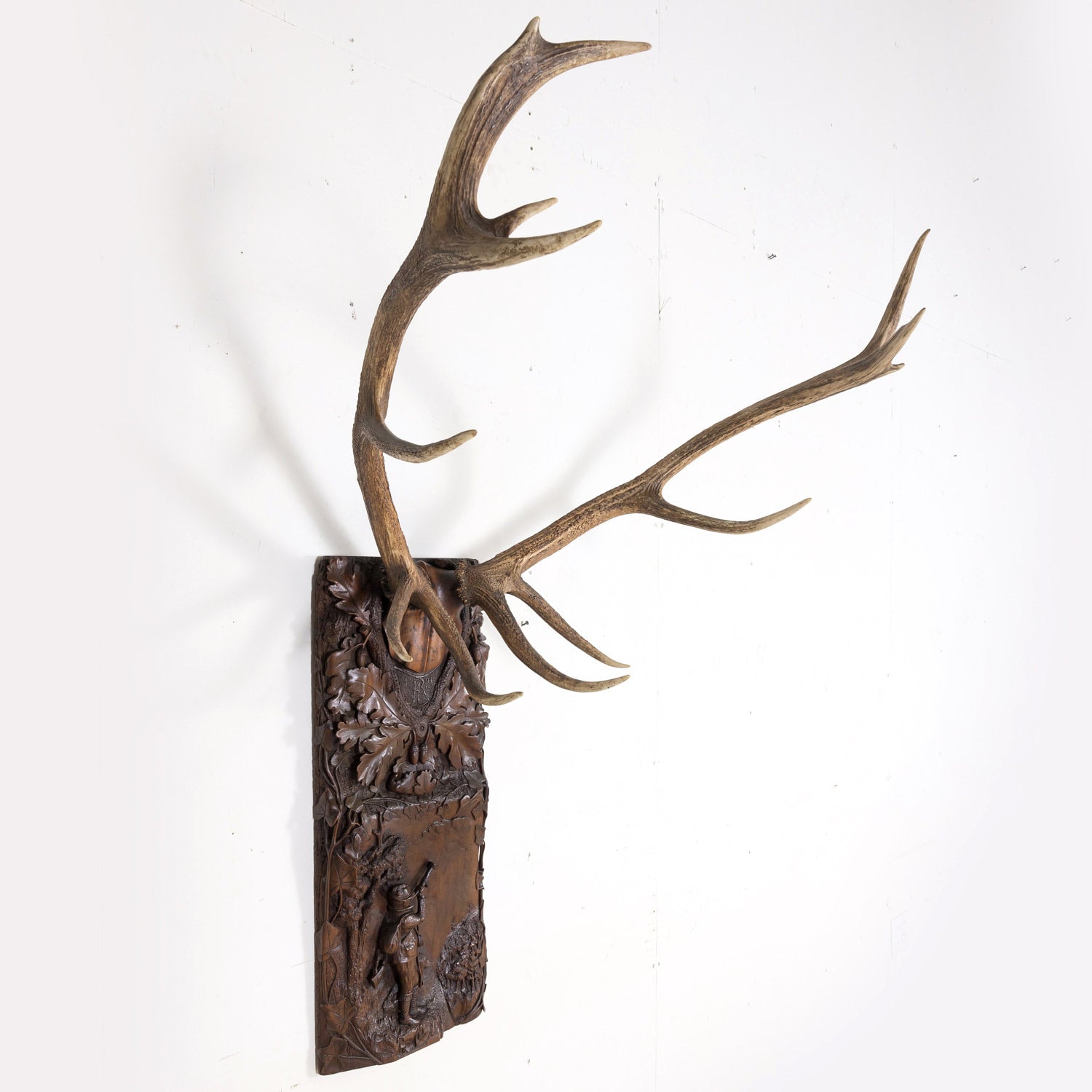 Hand Carved Swiss Black Forest Trophy Plaque with Antlers