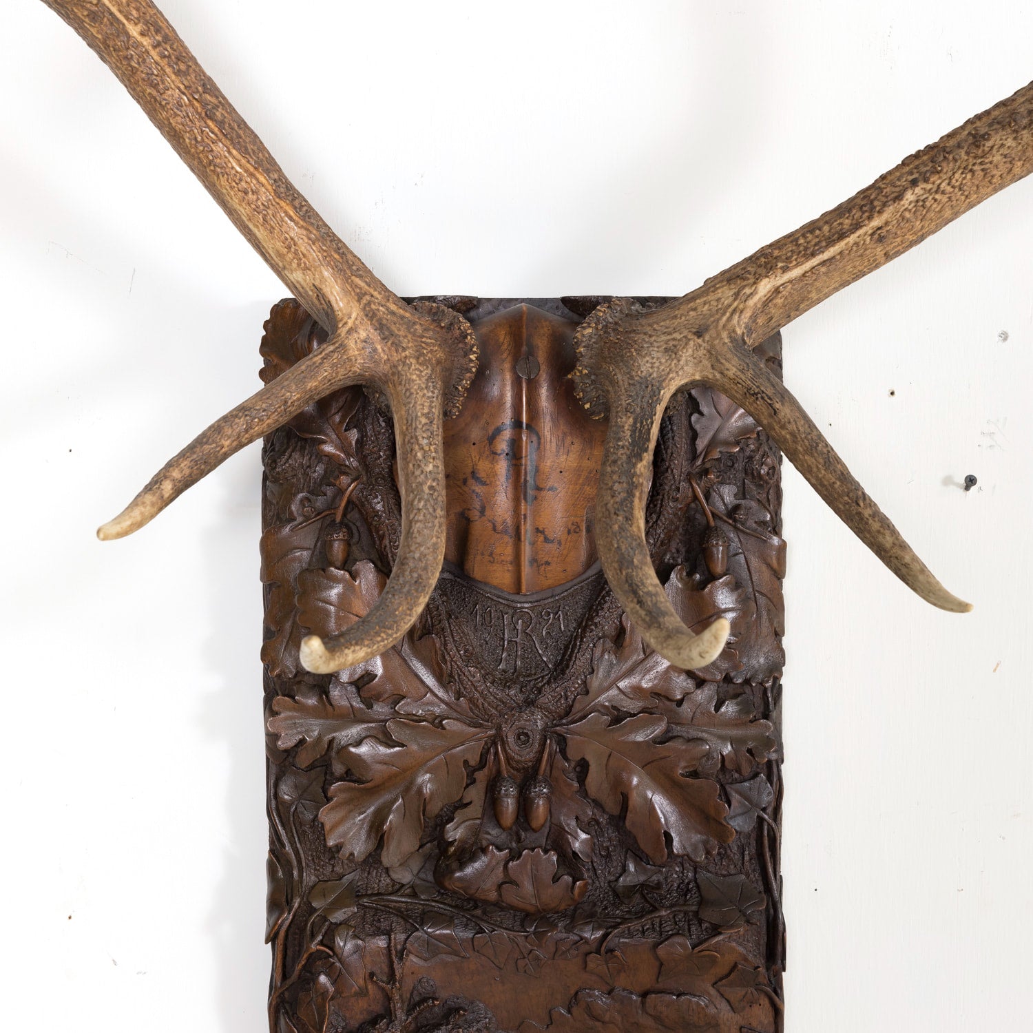 Hand Carved Swiss Black Forest Trophy Plaque with Antlers