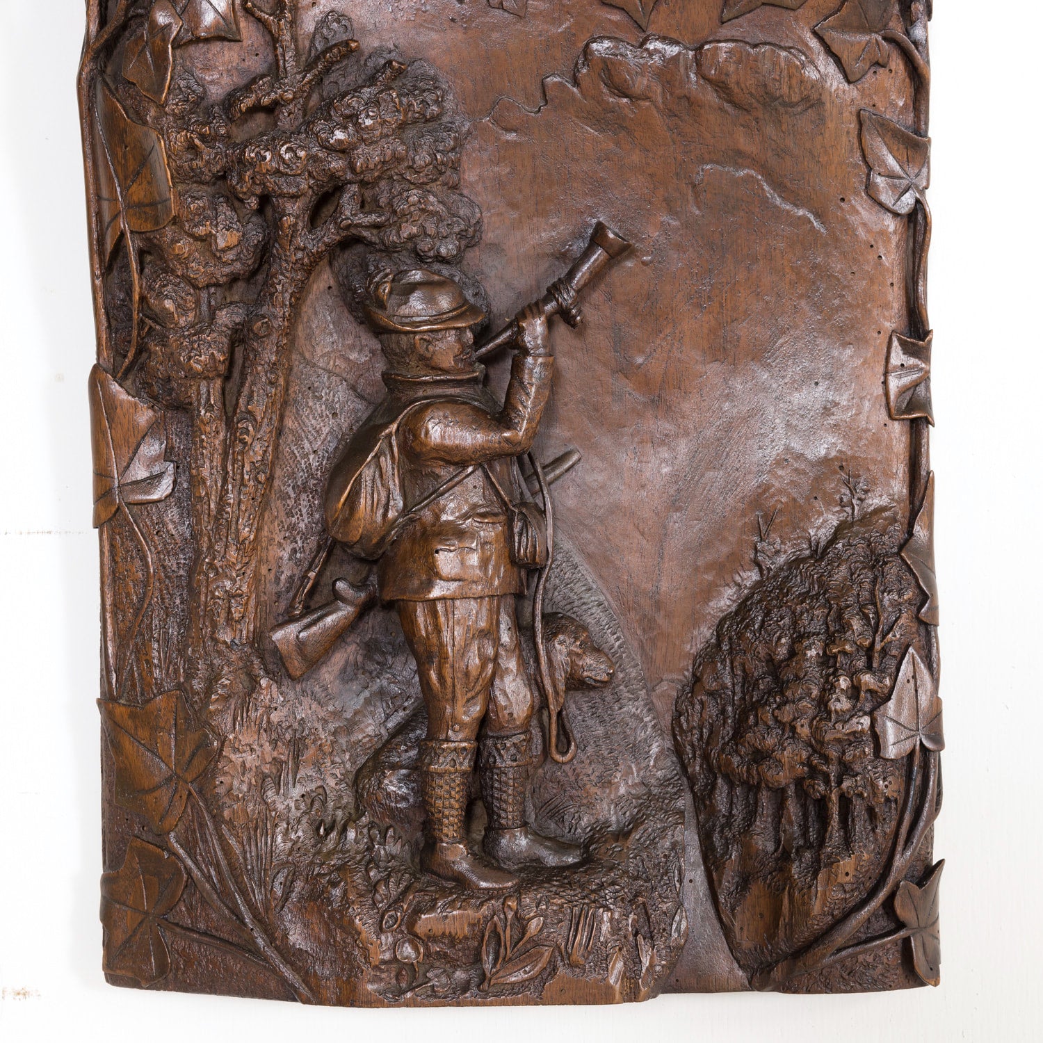 Hand Carved Swiss Black Forest Trophy Plaque with Antlers