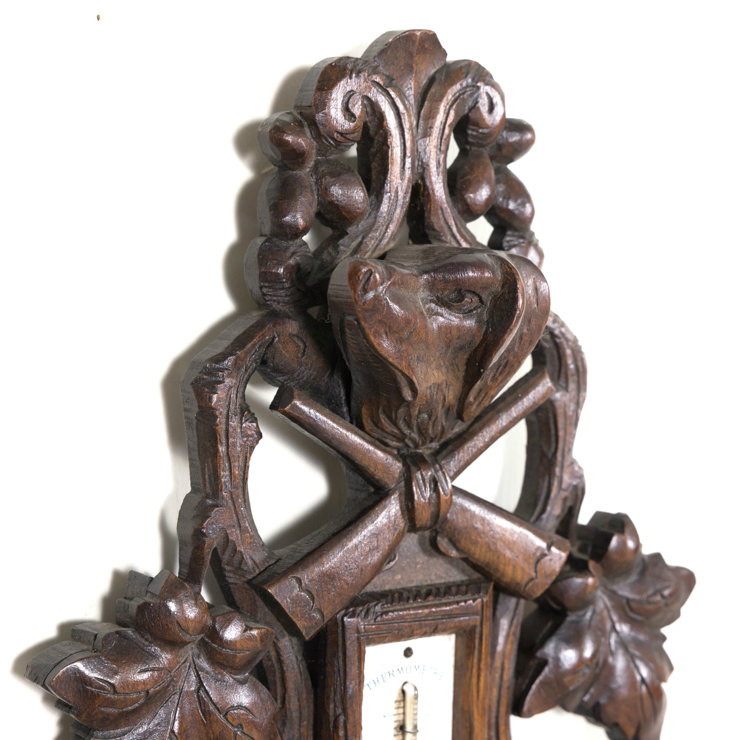 Early 20th Century French Carved Black Forest Hunting Barometer and Thermometer with Hunting Dog