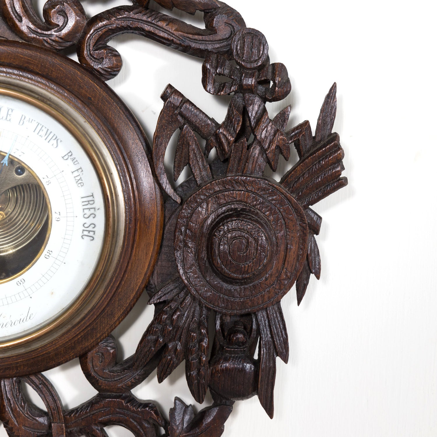 Early 20th Century French Carved Black Forest Hunting Barometer and Thermometer with Hunting Dog