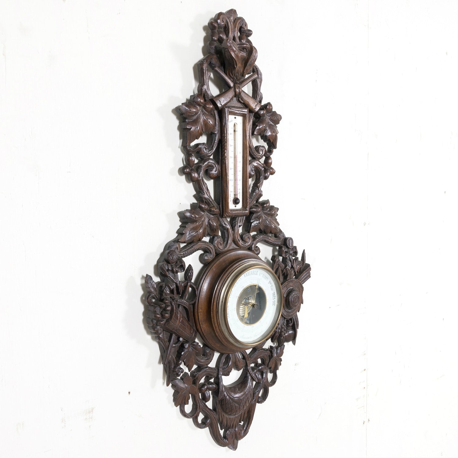 Early 20th Century French Carved Black Forest Hunting Barometer and Thermometer with Hunting Dog