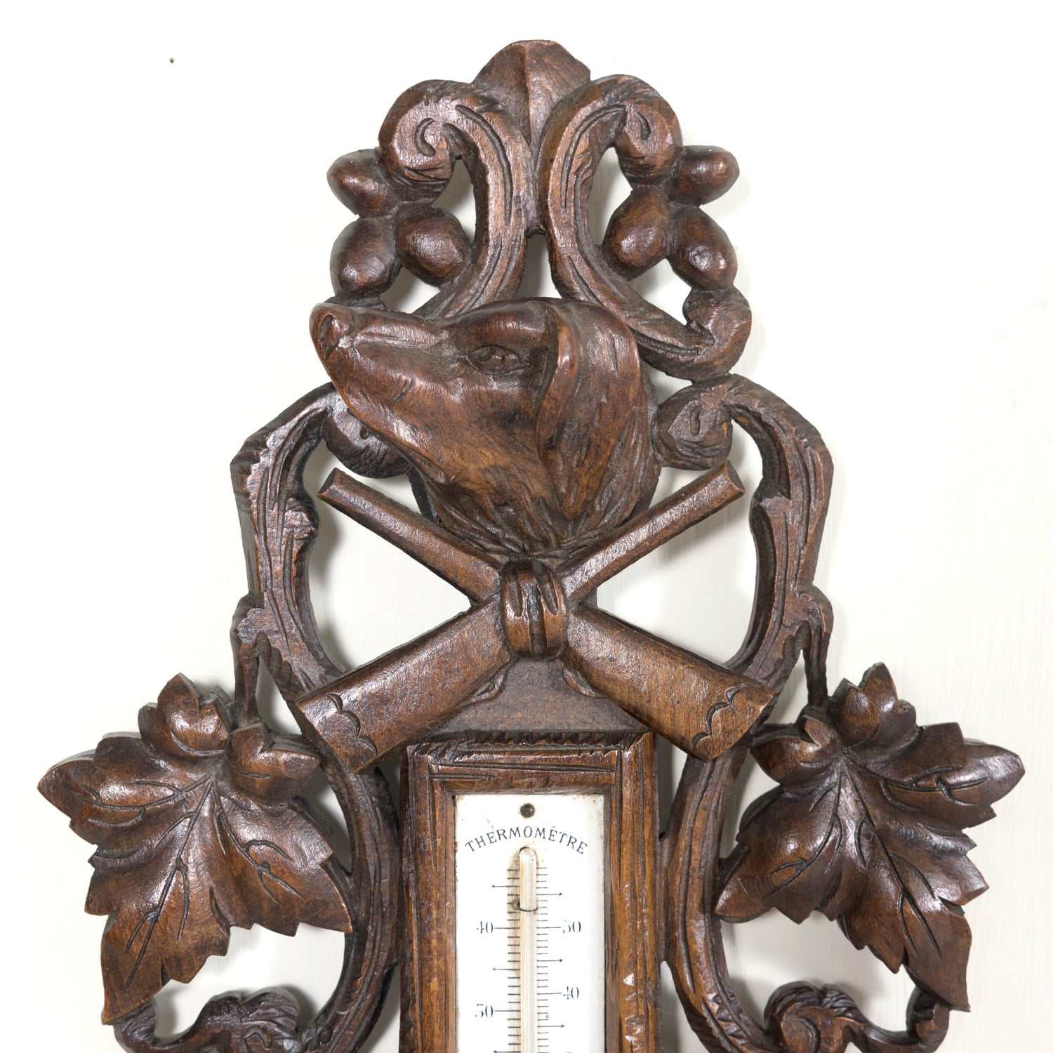 Early 20th Century French Carved Black Forest Hunting Barometer and Thermometer with Hunting Dog