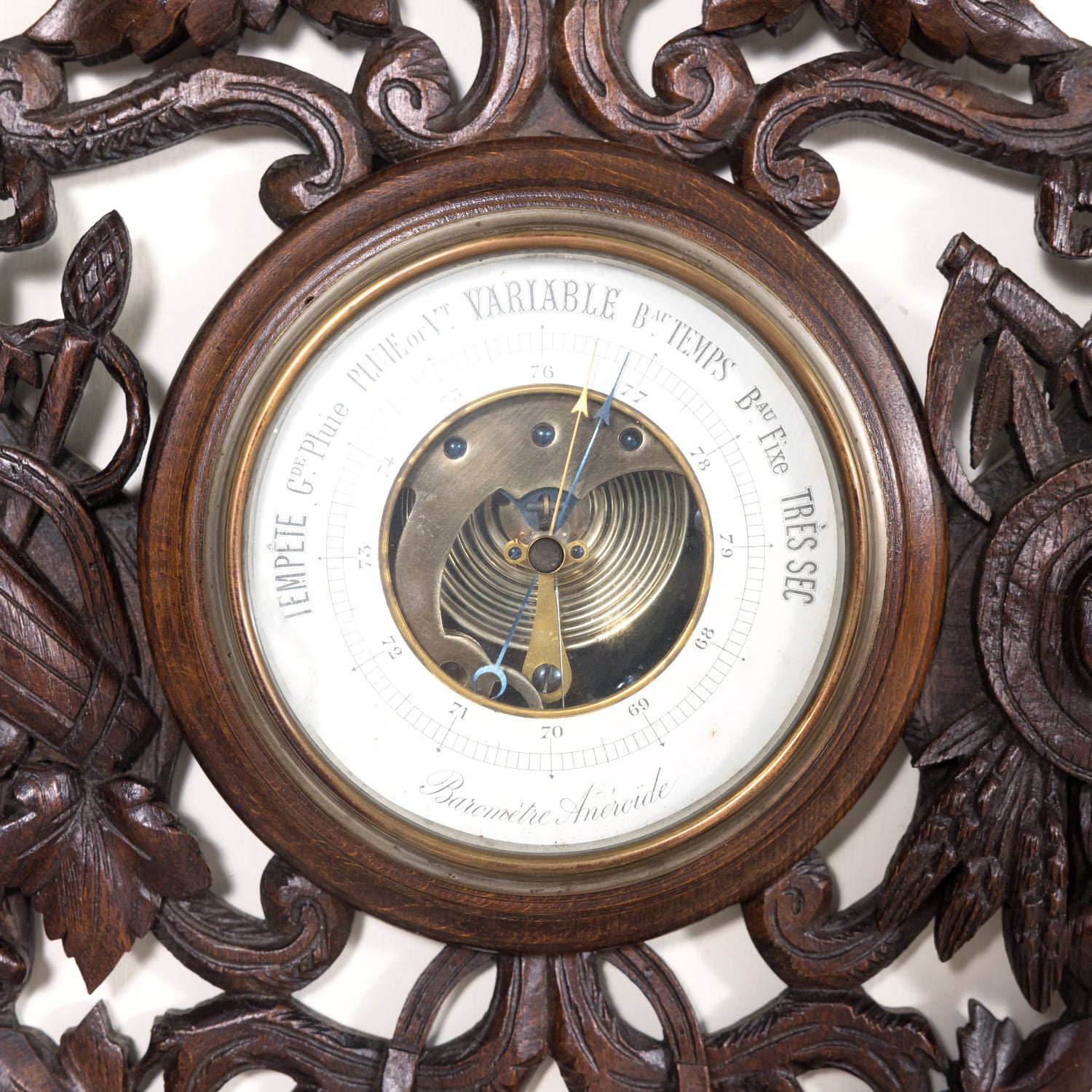 Early 20th Century French Carved Black Forest Hunting Barometer and Thermometer with Hunting Dog