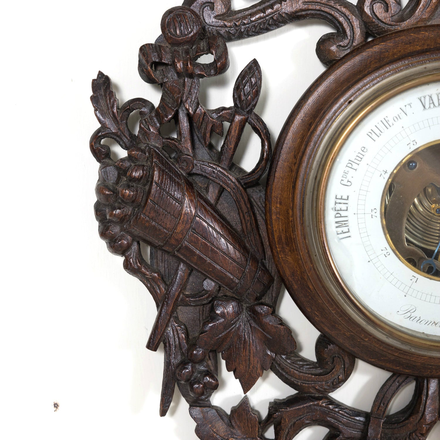 Early 20th Century French Carved Black Forest Hunting Barometer and Thermometer with Hunting Dog