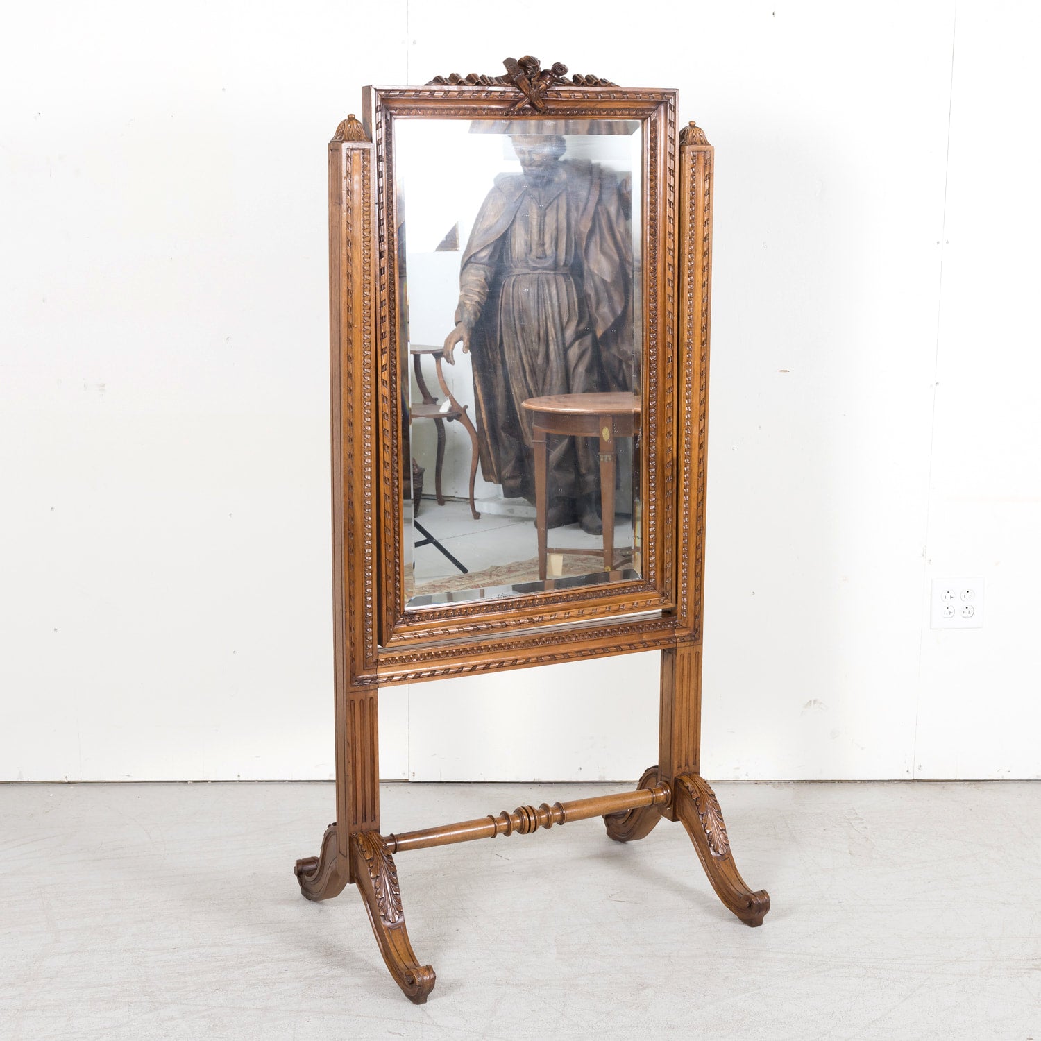 Exceptional 19th Century French Louis XVI Style Carved Walnut Beveled Cheval Dressing Mirror
