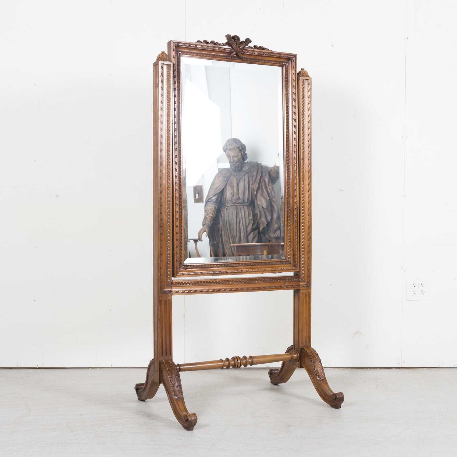 Exceptional 19th Century French Louis XVI Style Carved Walnut Beveled Cheval Dressing Mirror