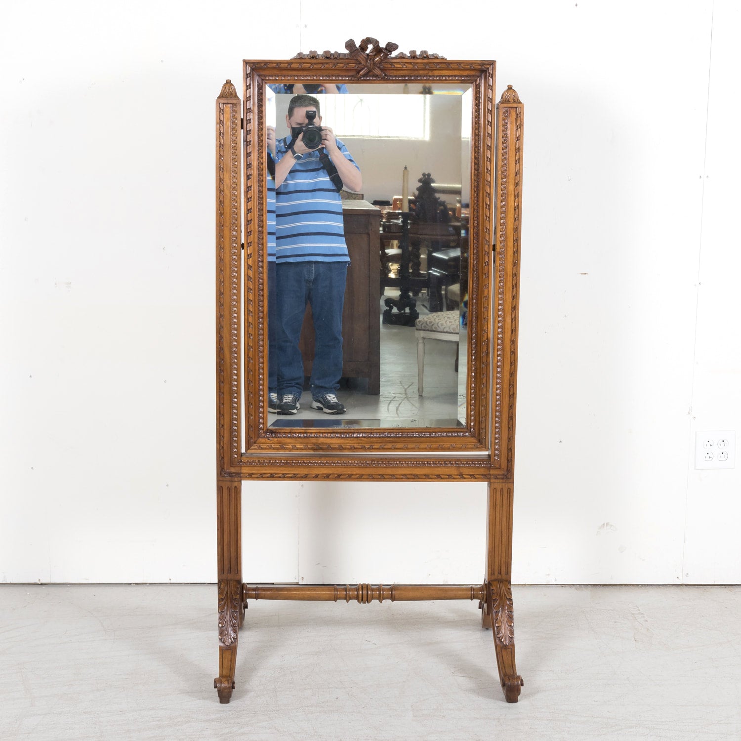 Exceptional 19th Century French Louis XVI Style Carved Walnut Beveled Cheval Dressing Mirror