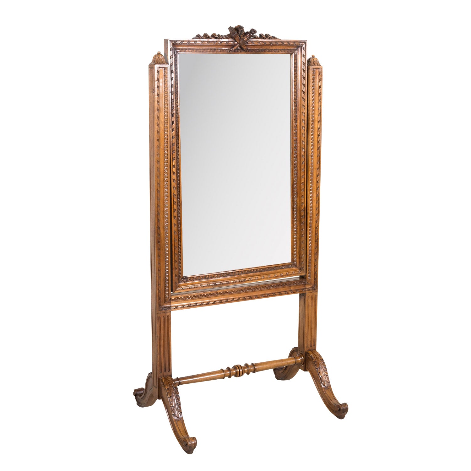 Exceptional 19th Century French Louis XVI Style Carved Walnut Beveled Cheval Dressing Mirror
