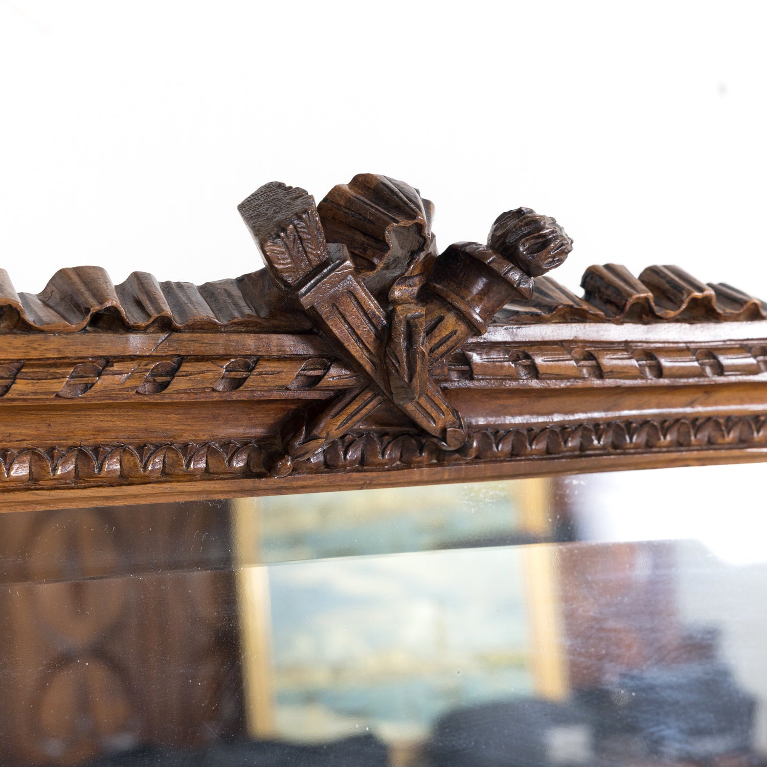 Exceptional 19th Century French Louis XVI Style Carved Walnut Beveled Cheval Dressing Mirror