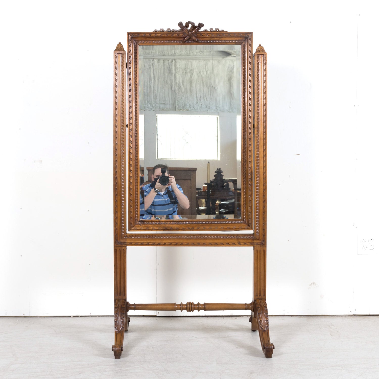 Exceptional 19th Century French Louis XVI Style Carved Walnut Beveled Cheval Dressing Mirror