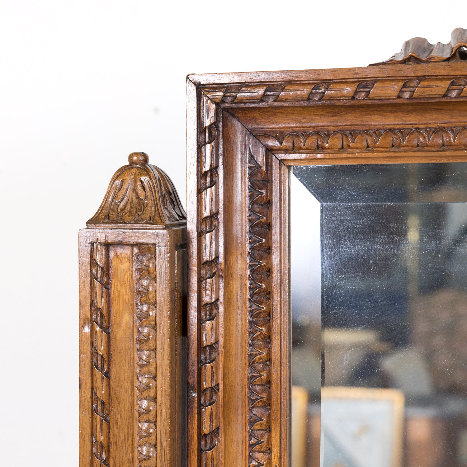Exceptional 19th Century French Louis XVI Style Carved Walnut Beveled Cheval Dressing Mirror
