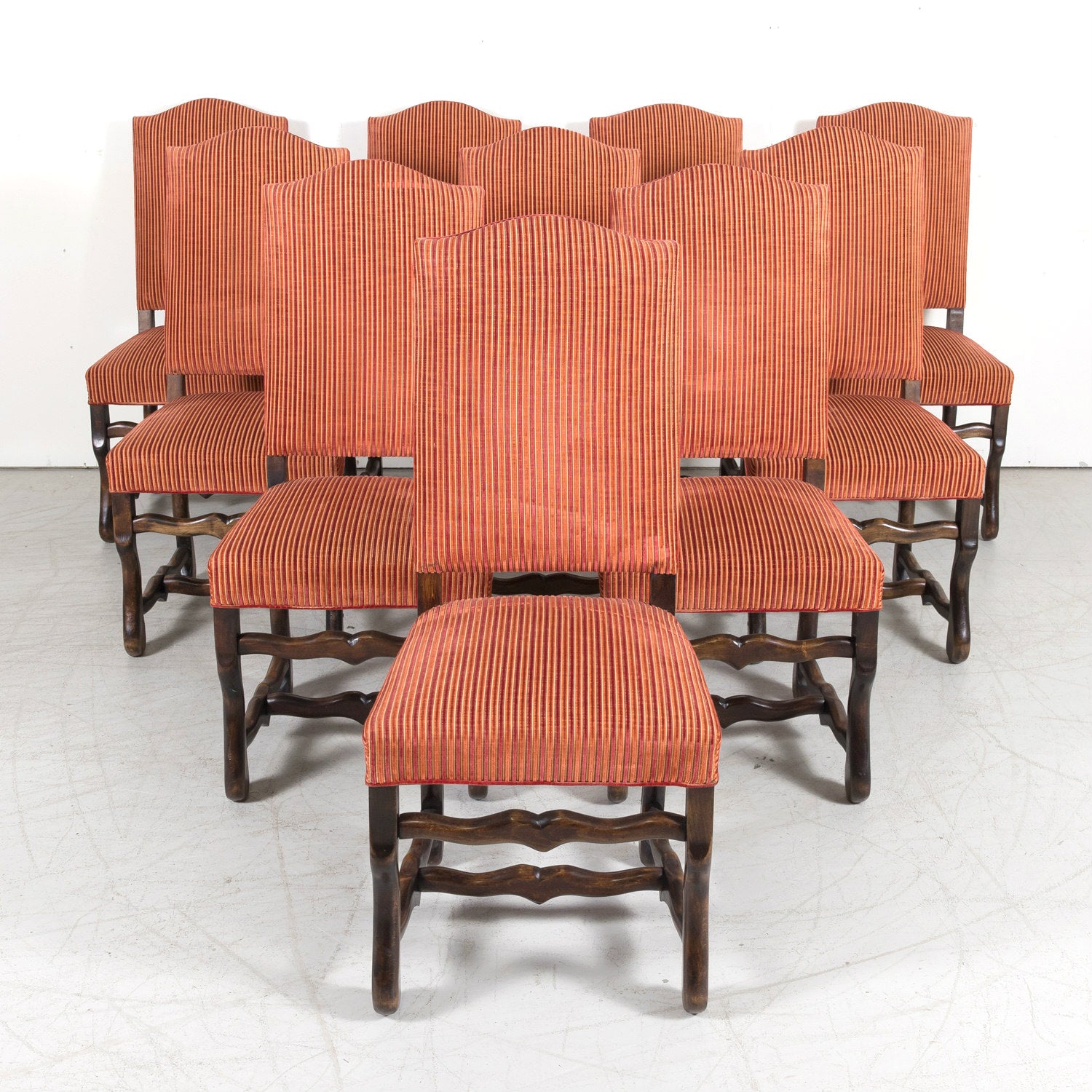 Set of 10 Antique French Louis XIII Style Os de Mouton Walnut Dining Side Chairs