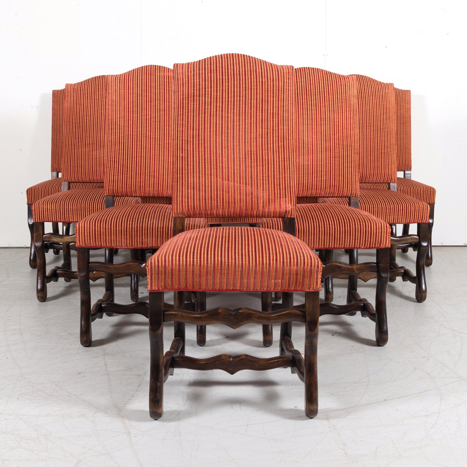 Set of 10 Antique French Louis XIII Style Os de Mouton Walnut Dining Side Chairs