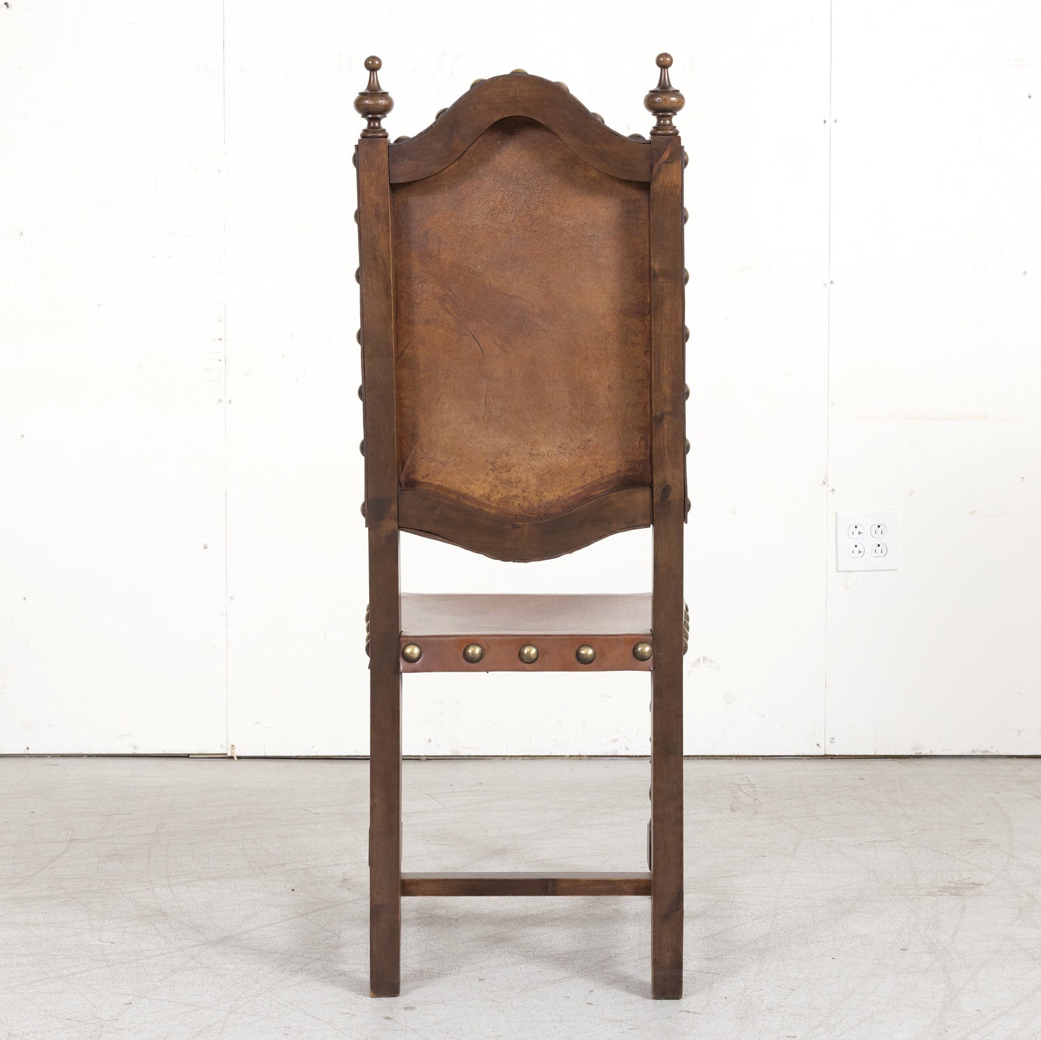 19th Century Spanish Baroque Style Leather and Walnut Side Chairs with Nailhead Trim, Set of 4