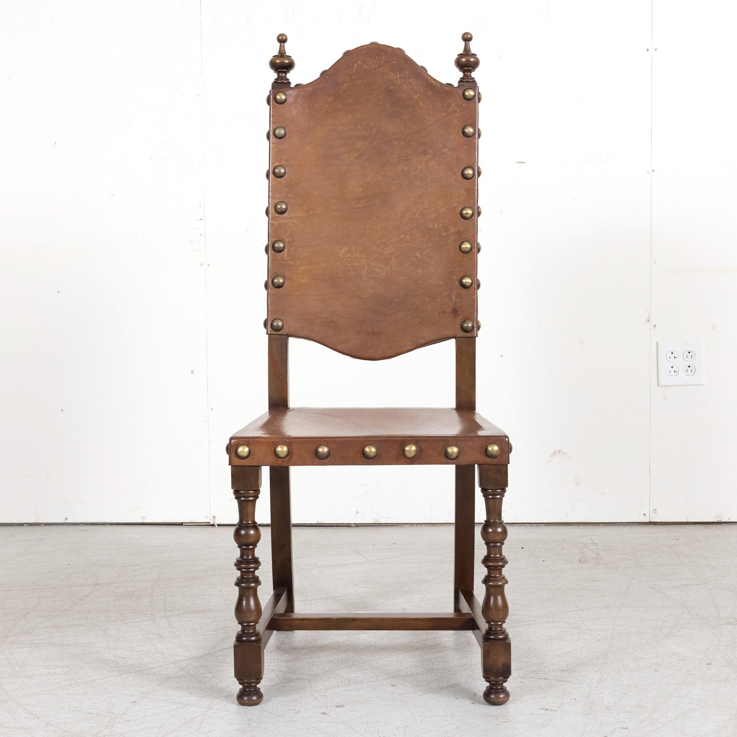 19th Century Spanish Baroque Style Leather and Walnut Side Chairs with Nailhead Trim, Set of 4