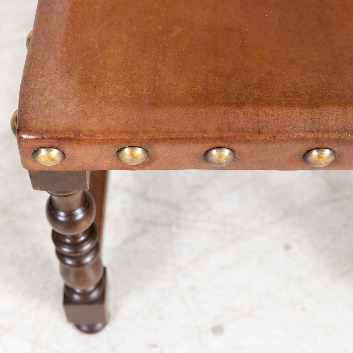 19th Century Spanish Baroque Style Leather and Walnut Side Chairs with Nailhead Trim, Set of 4