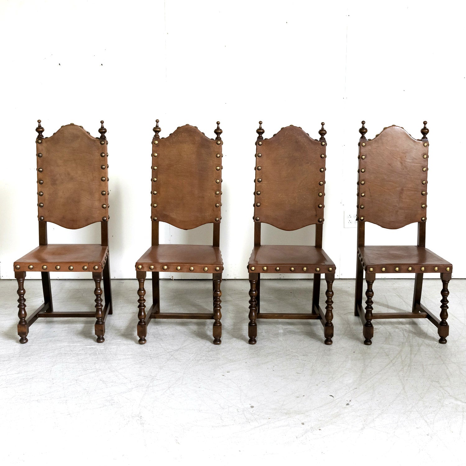 19th Century Spanish Baroque Style Leather and Walnut Side Chairs with Nailhead Trim, Set of 4