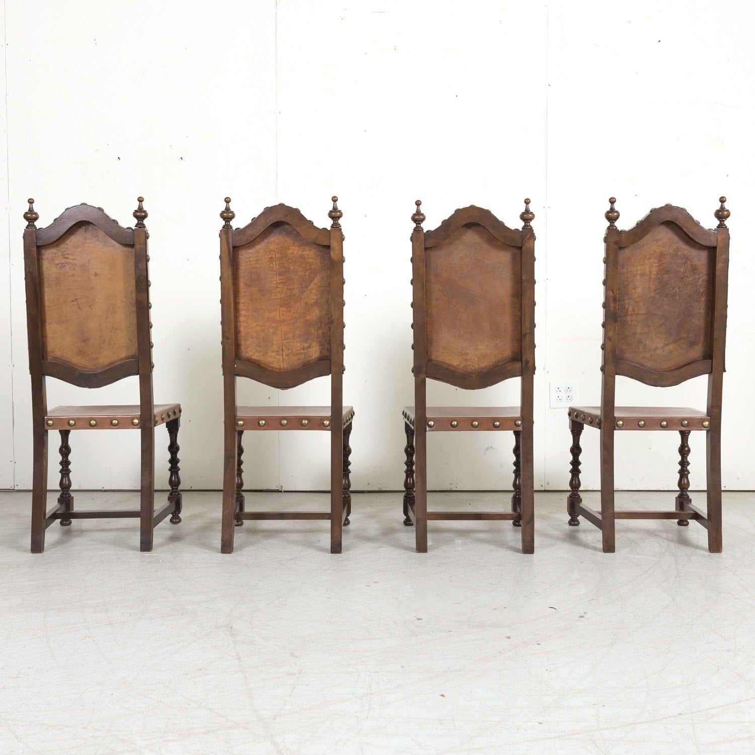 19th Century Spanish Baroque Style Leather and Walnut Side Chairs with Nailhead Trim, Set of 4