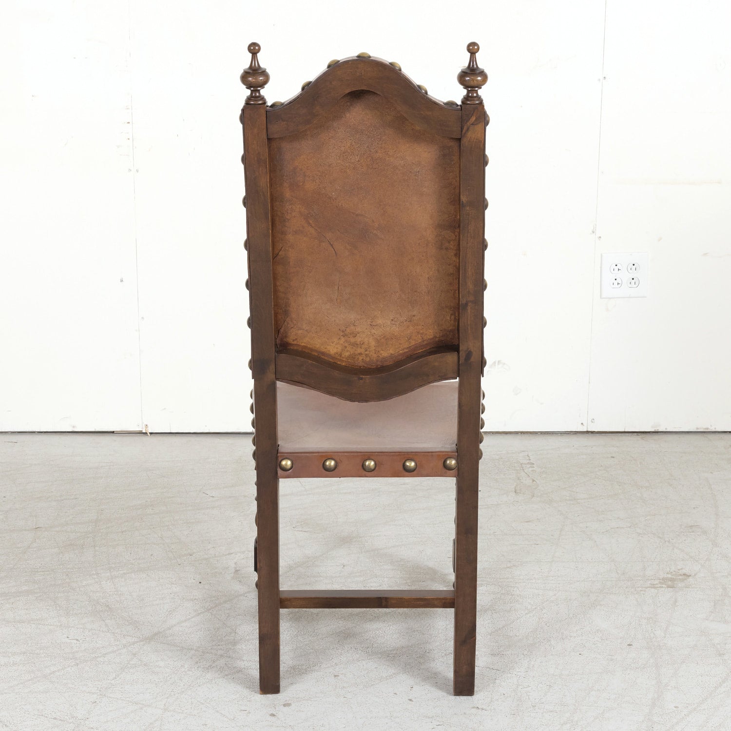 19th Century Spanish Baroque Style Leather and Walnut Side Chairs with Nailhead Trim, Set of 4