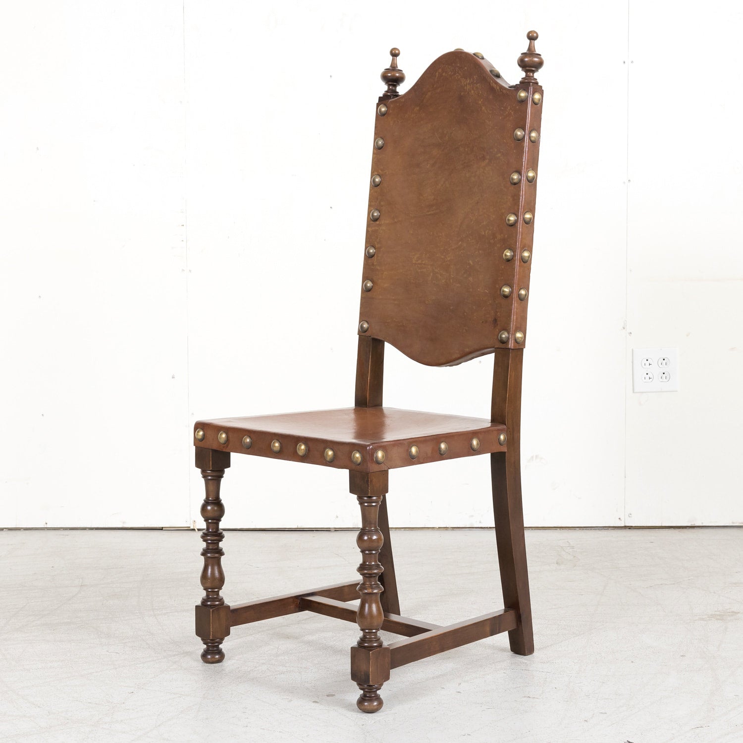 19th Century Spanish Baroque Style Leather and Walnut Side Chairs with Nailhead Trim, Set of 4
