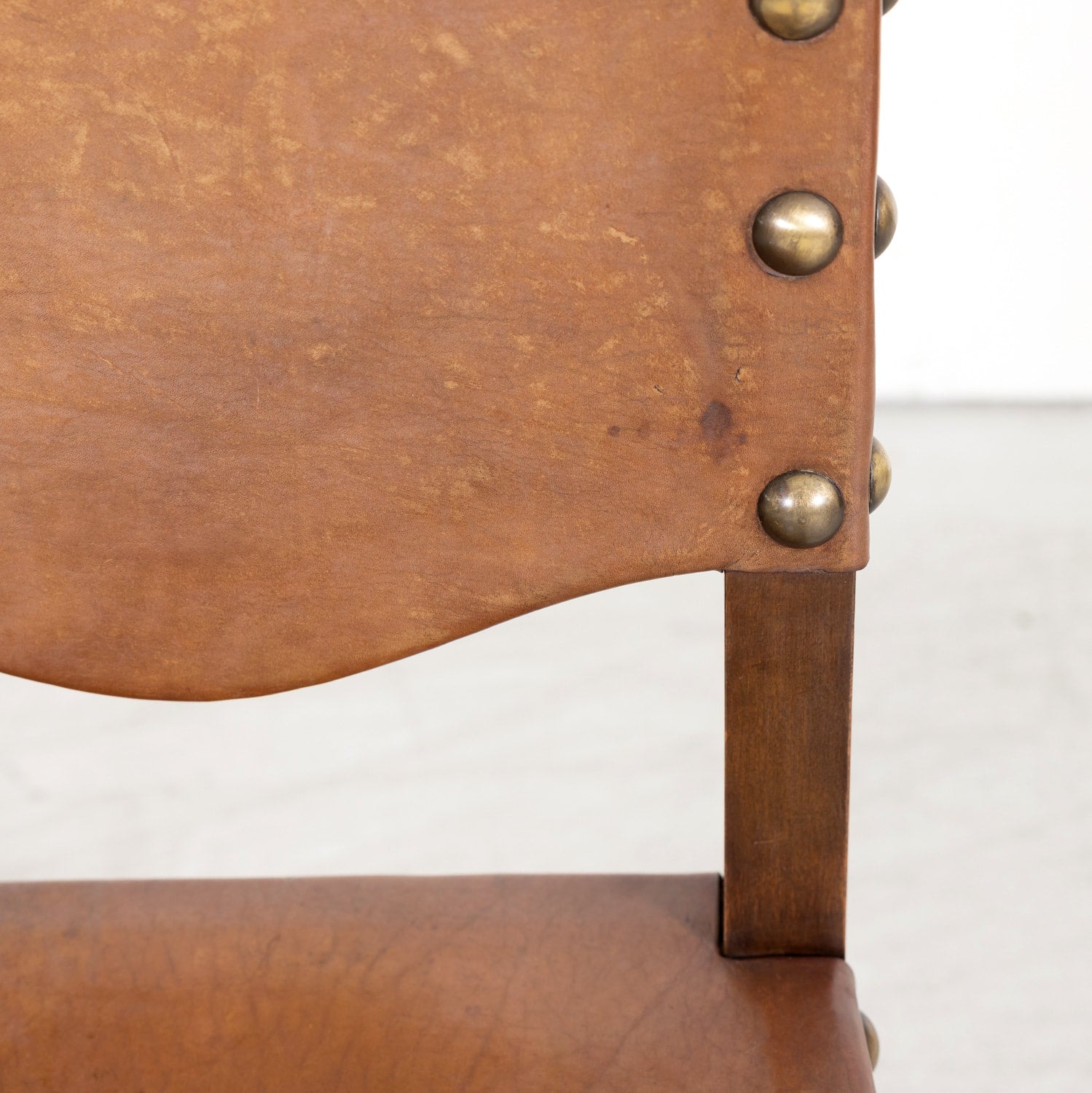 19th Century Spanish Baroque Style Leather and Walnut Side Chairs with Nailhead Trim, Set of 4