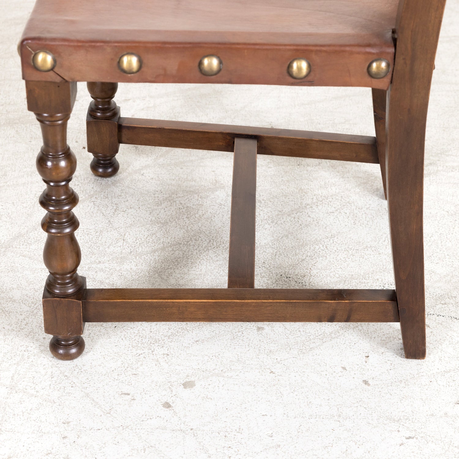 19th Century Spanish Baroque Style Leather and Walnut Side Chairs with Nailhead Trim, Set of 4