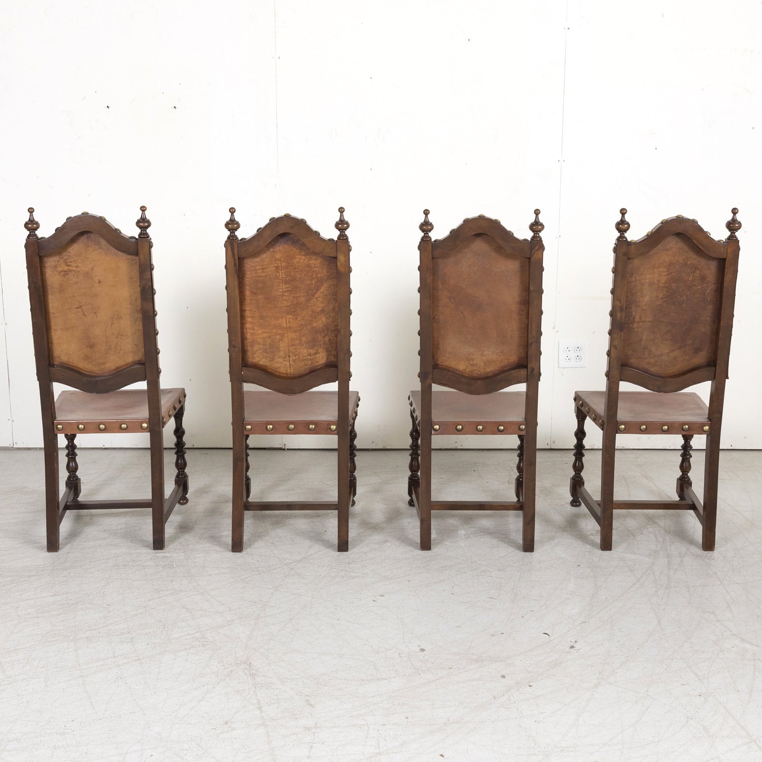 19th Century Spanish Baroque Style Leather and Walnut Side Chairs with Nailhead Trim, Set of 4