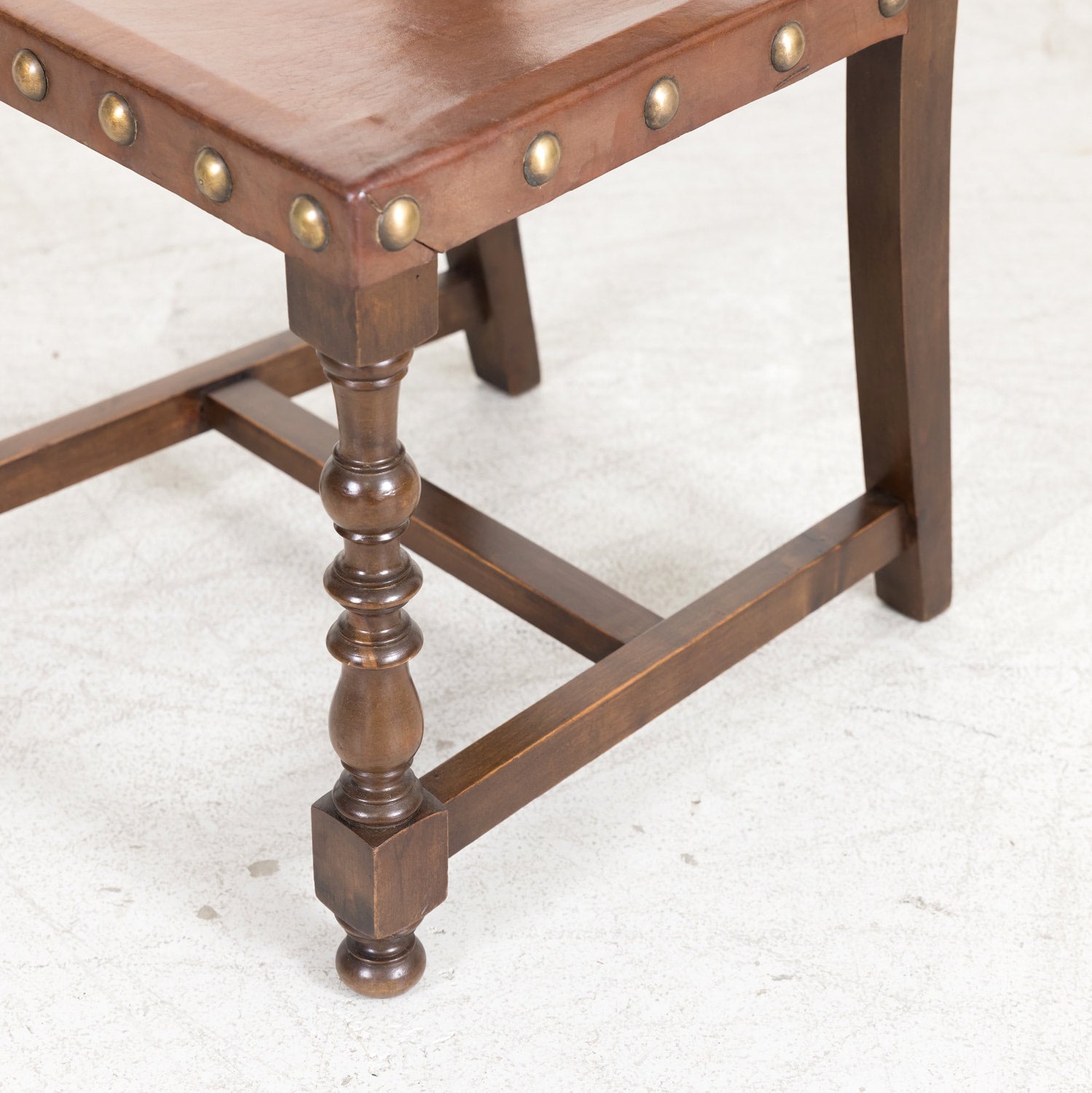 19th Century Spanish Baroque Style Leather and Walnut Side Chairs with Nailhead Trim, Set of 4