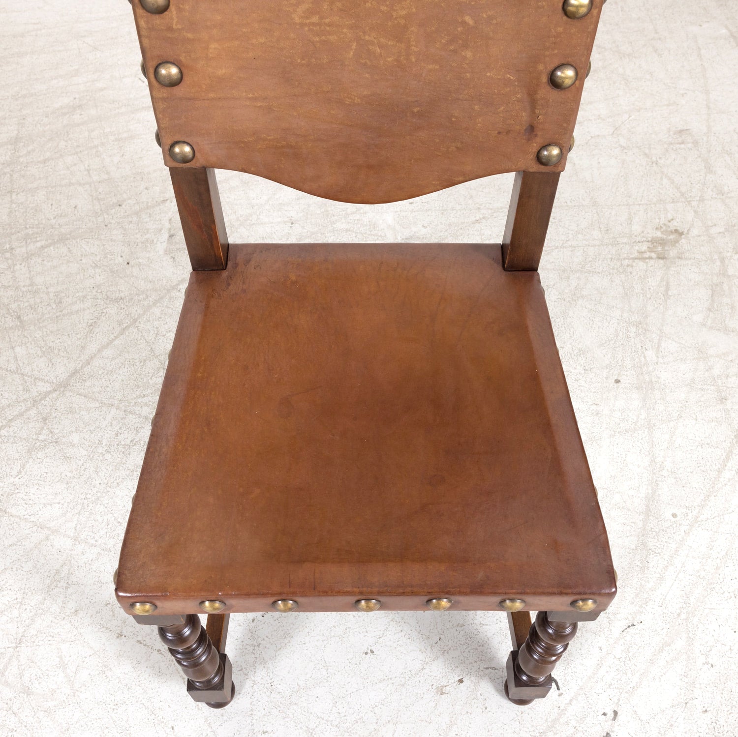 19th Century Spanish Baroque Style Leather and Walnut Side Chairs with Nailhead Trim, Set of 4