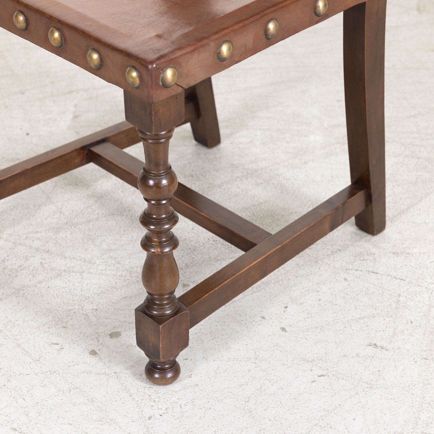 19th Century Spanish Baroque Style Leather and Walnut Side Chairs with Nailhead Trim, Set of 4